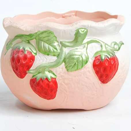 Cute 3D Strawberry Succulent Pot, Pastel Pink Embossed Flowerpot with Drainage for Indoor Plants Cactus