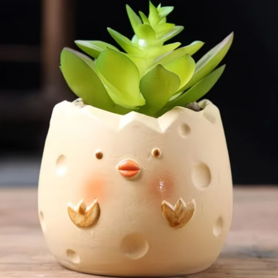 Cute Hatching Chick Clay Flower Pot, Small Cartoon Ceramic Planter for Office Window Sill, Novelty Mini Garden Pot Gift (Empty Pot, No Plants)