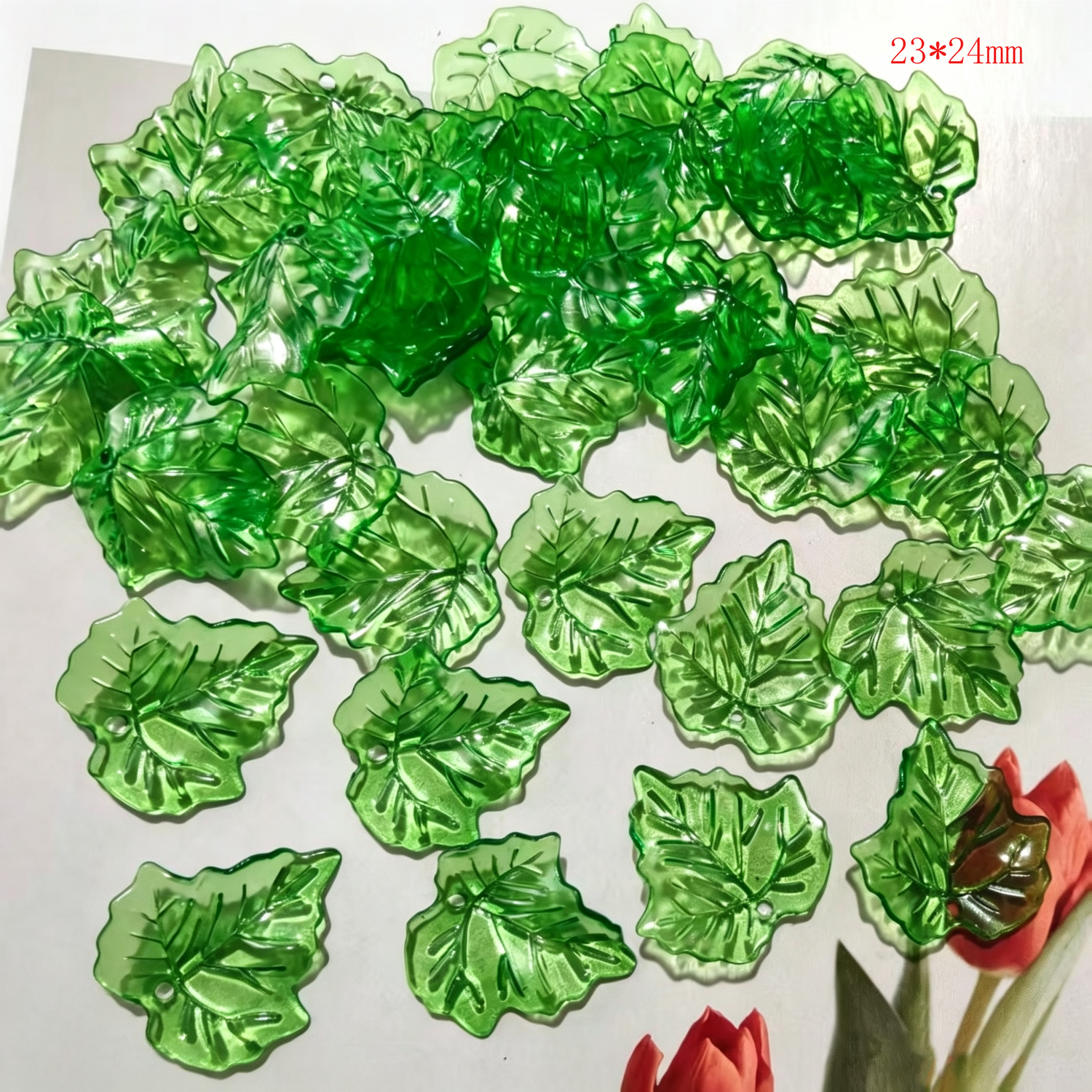 Multi-Size Acrylic Green Leaf Charms, Various Styles Translucent Engraved Tree Leaves for DIY Crafts