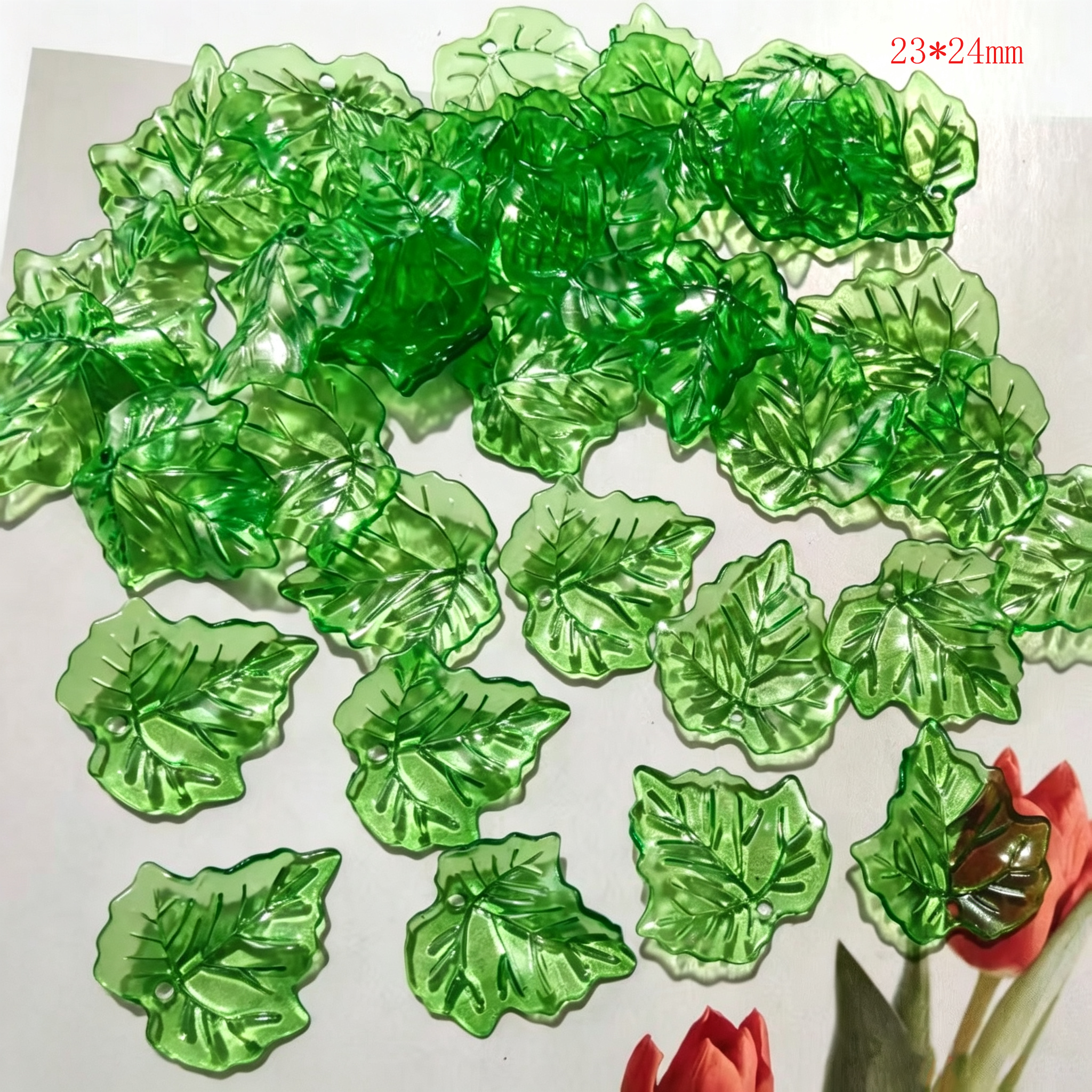 Multi-Size Acrylic Green Leaf Charms, Various Styles Translucent Engraved Tree Leaves for DIY Crafts