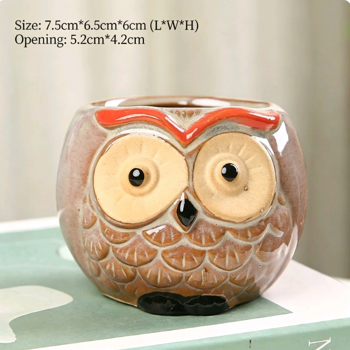 Kawaii Owl Succulent Pots Series | Mini Ceramic Planters with Drainage, Breathable Coarse Clay Empty Flowerpots for Desktop Cactus (Plants Not Included)